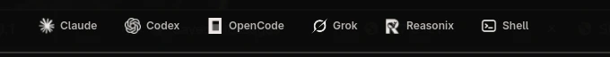 SUPER DESKTOP top bar with launcher buttons for Claude, Codex, OpenCode, Grok, Reasonix and Shell.