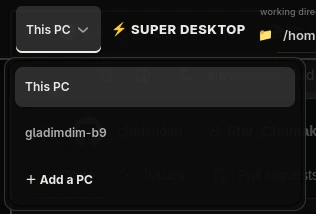 The This PC menu open, listing This PC, a paired computer named gladimdim-b9, and an Add a PC action.